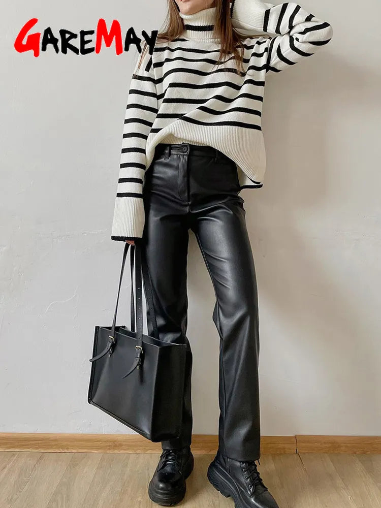 Women's Vegan Leather Pants Slim Fit Zipper Classic Faux Leather Trousers Pencil Pants for Women