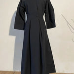 Women's Pleated Long Elegant Dress Turn Down Collar Long Sleeve Loose Fit Midi Dress