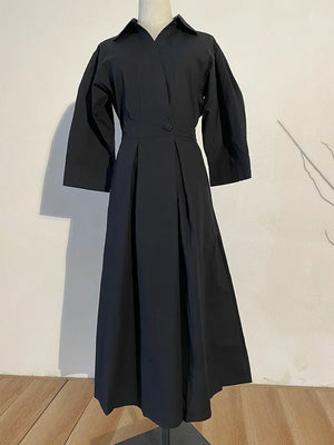Women's Pleated Long Elegant Dress Turn Down Collar Long Sleeve Loose Fit Midi Dress