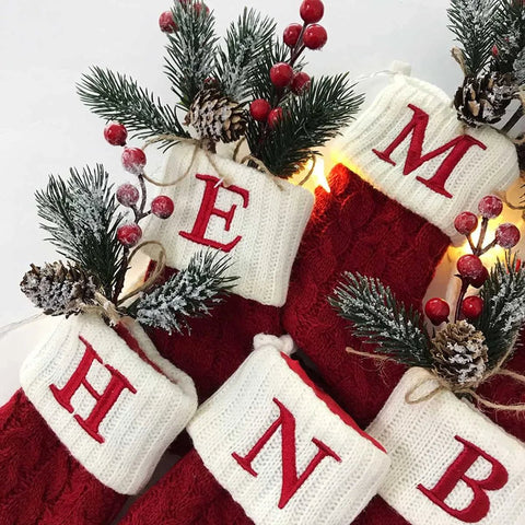 Christmas Stocking Knitted Snowflake Letter Monogram Holiday Decoration Stuffer Gift Home Decor