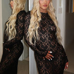 Sexy O-Neck Long Sleeve Hollow Out White Lace Maxi Dress Elegant See-Through Bodycon Party Dresses