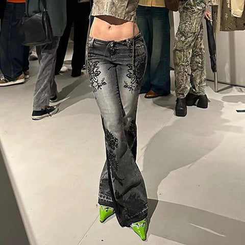 Flare Jeans Women Y2K Distressed Floral Print Low Rise Slim Retro Streetwear Denim Trousers