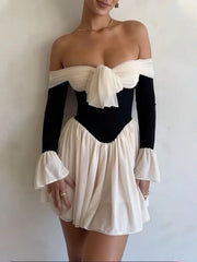 Women's Elegant Strapless Backless Sexy Mini Dress Off-Shoulder Long Flare Sleeve Pleated Clubwear Party Dress