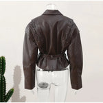 New Fashion Faux Leather Women's Short Jacket With Belt Turn Down Collar Long Sleeve Motorcycle Coat Warm Outerwear