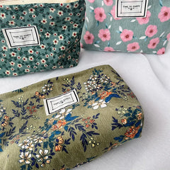 Corduroy Makeup Bag Organizer Clutch Retro Flower Print Cosmetic Bag Travel Make Up Pouch Beauty Storage Cases