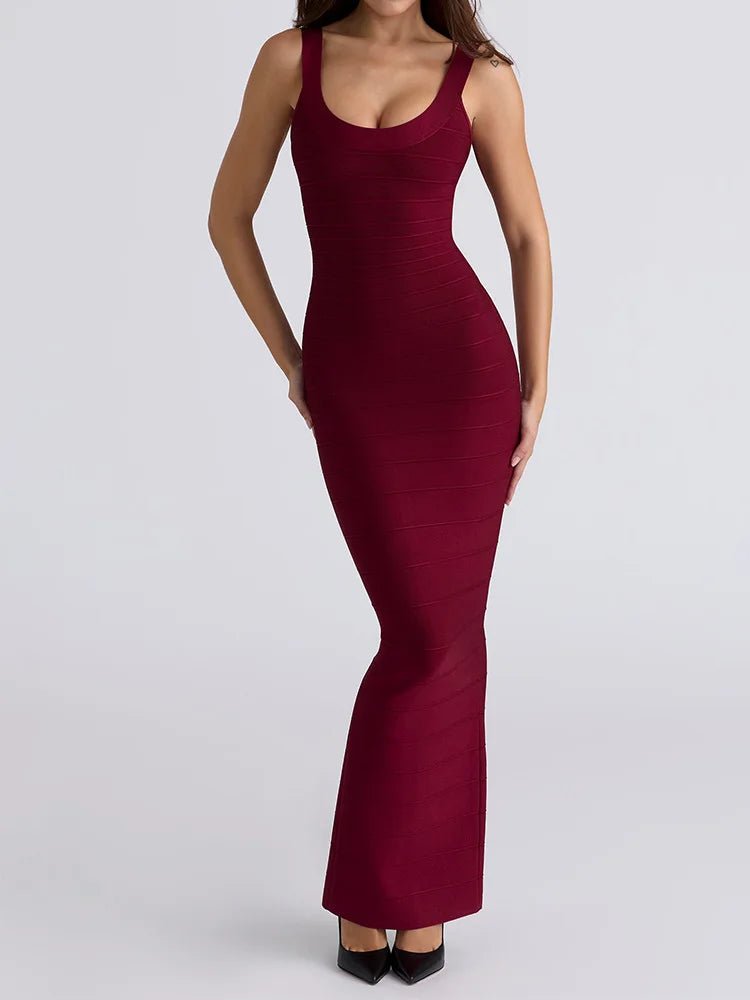 Maroon dress worn by a model on a white background