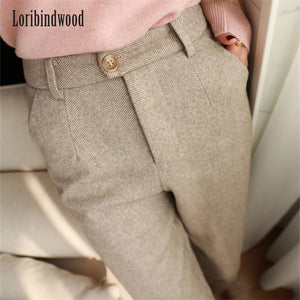 Woolen Pants For Women Harem Pencil Pants Autumn Winter High-Waist Casual Office Trousers