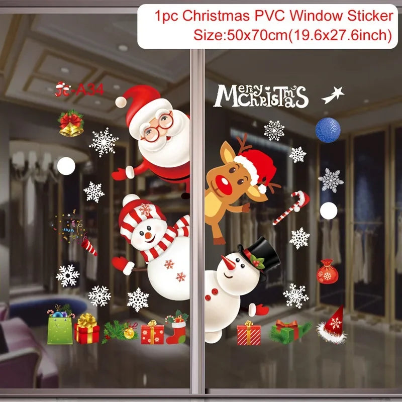 Christmas-themed window stickers with Santa Claus, reindeer, snowmen, and presents on a glass door.