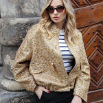 Autumn Sequins Gold Loose Jacket for Women Sparkly Long Sleeve Casual Bomber Jacket with Pockets