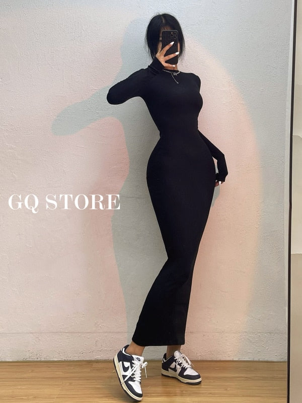 Ladies Round Neck Long Sleeve Maxi Long Slim Dress