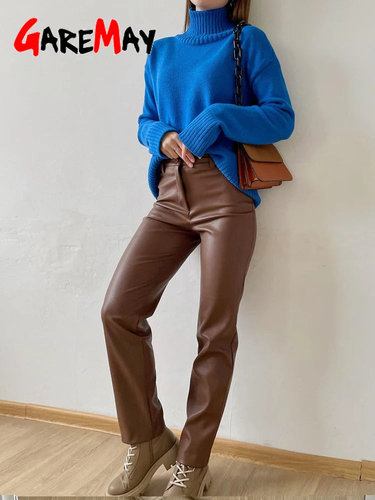 Women's Vegan Leather Pants Slim Fit Zipper Classic Faux Leather Trousers Pencil Pants for Women
