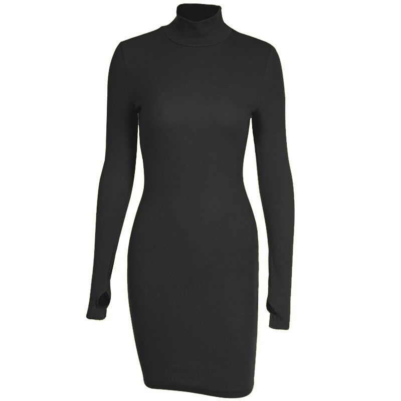 Sexy Rib Knit Warm Mini Dress Solid Turtleneck Skinny Mini Dress