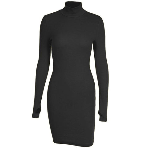 Turtleneck Rib Knit Mini Dress Women Solid Skinny Warm Casual Elegant Fashion Dress