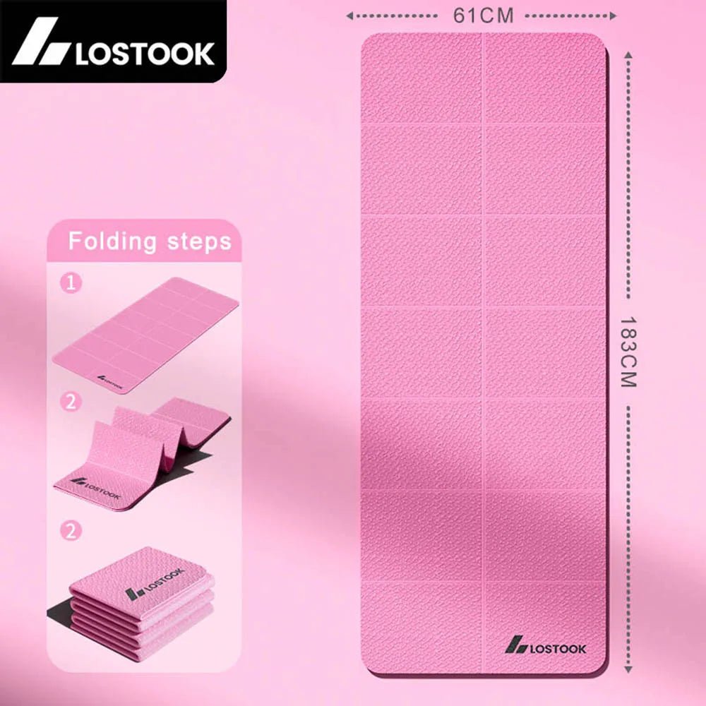 Pink exercise mat with folding steps and dimensions on a pink background, featuring the LOSTOOK brand.