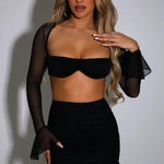 Women's Sexy Dress Set Mesh Strapless Full Sleeve Crop Top And Mini Skirt Matching Sets Club Party Two Piece Set