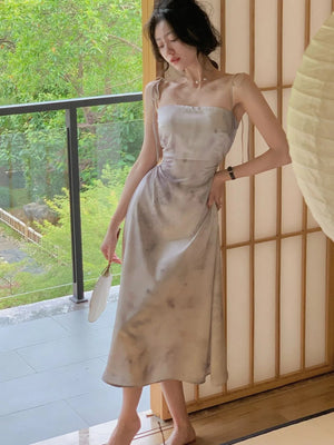 Women's Summer Spring Midi Dress Spaghetti Strap Elegant Satin Dresses Wedding Evening Prom Dress