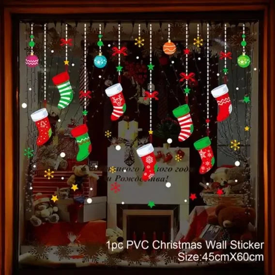 Christmas-themed PVC wall sticker with stockings, presents, and decorations on a dark background.