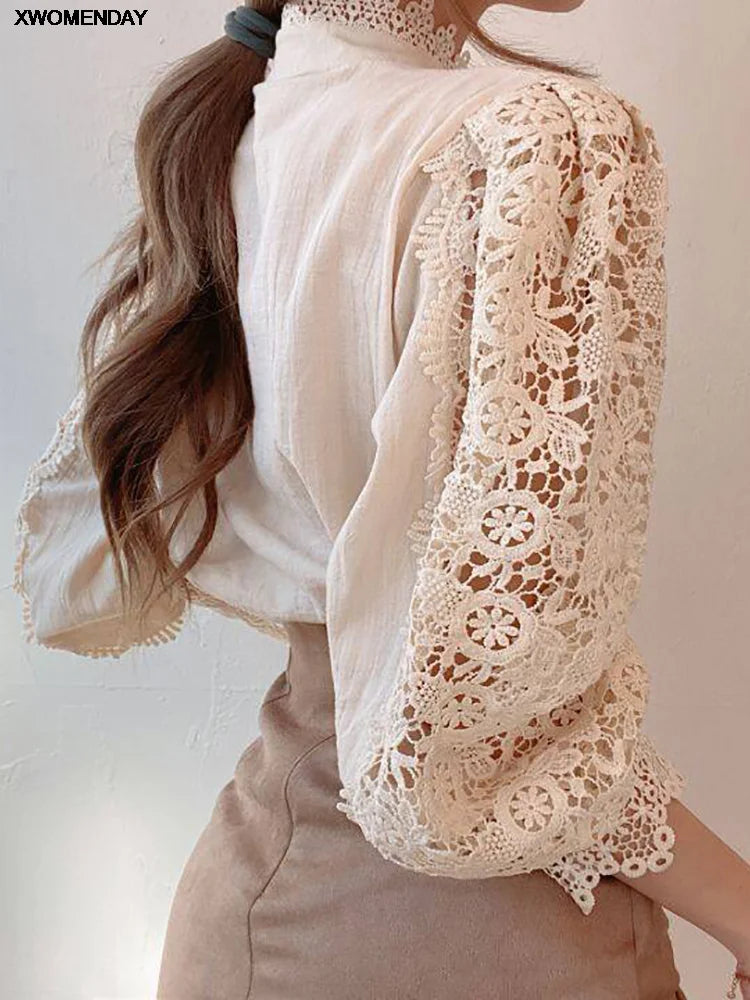 Women's Chiffon Turtleneck Shirt Button Chic Floral Lace Fluffy Long Sleeve Shirt Elegant Boutique Fashion Hollow Out Oversize White Blouse