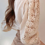 Women's Chiffon Turtleneck Shirt Button Chic Floral Lace Fluffy Long Sleeve Shirt Elegant Boutique Fashion Hollow Out Oversize White Blouse