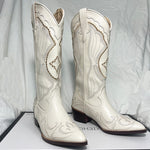 Women's White Western Cowboy Boots Chunky Heel Pointed Toe Boots