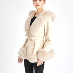 Women's Faux Fur Coat Faux Suede Furry Hood Quality Vegan Fur Coat With Belt Thick Warm Fur Cardigan Jacket