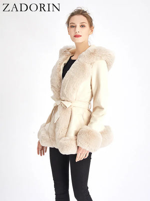 Women's Faux Fur Coat Faux Suede Furry Hood Quality Vegan Fur Coat With Belt Thick Warm Fur Cardigan Jacket