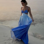 Gradient Color Hollowed Out Pleated Maxi Dress New Fashion V-Neck Sleeveless Summer Vacation Loose Dress
