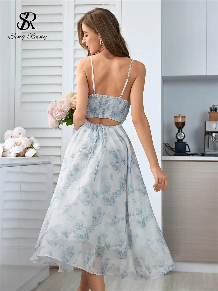 Elegant Blue / Pink Floral Midi Dress Backless with Spaghetti Straps – Lightweight Summer Outfit