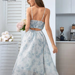 Elegant Blue / Pink Floral Midi Dress Backless with Spaghetti Straps – Lightweight Summer Outfit