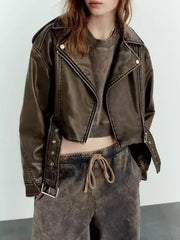 Women's Vintage Loose Faux Leather Short Jacket with Belt Biker Style Retro Jacket