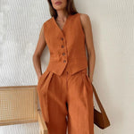 Women's Linen Cotton Chic Vest ＆ Pant Suit Two-Piece Set Office Casual Spring Summer Chic 2-Piece Set