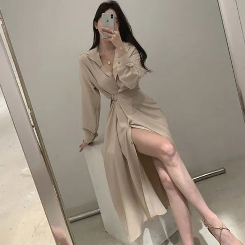 Midi Dress Women Vintage French Style Long Shirt Elegant Waist Lace Party Autumn Casual Fashion