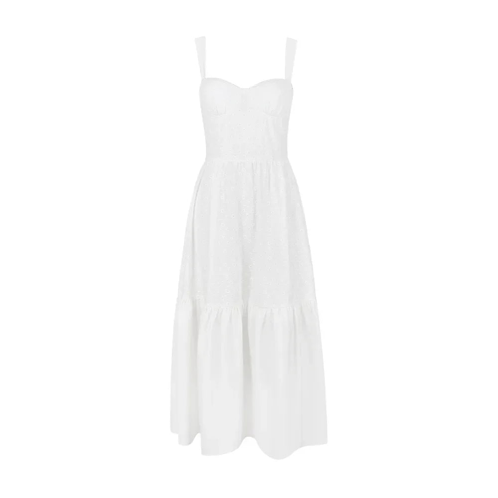 Women's Midi Summer Dress Linen-Cotton Blend Jacquard Dress Elegant Sexy Slip White Vacation Dress