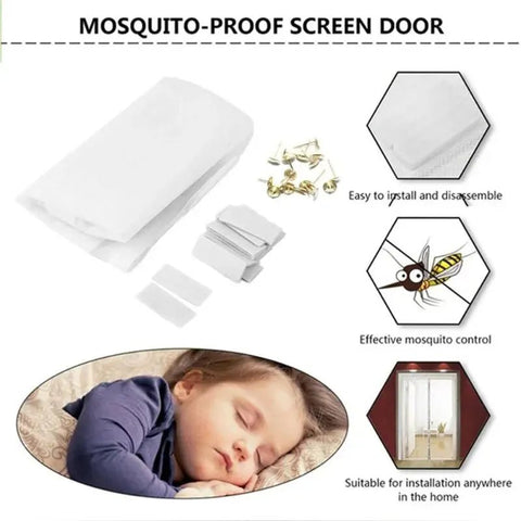 Mosquito-proof screen door with installation components and benefits on a white background.