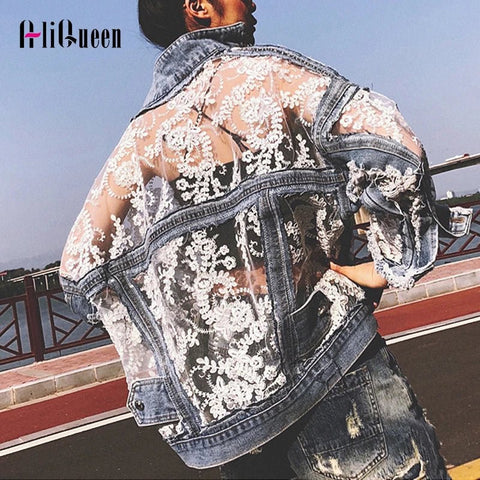 Denim Jacket Women Embroidered Lace Patchwork Frayed Tassel Loose Blue Jean Casual Outerwear