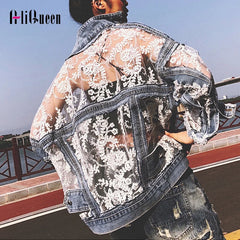 Women's Jean Jacket Embroidered Lace Patchwork Sexy Denim Jacket Frayed Tassel Loose Blue Jean Jacket