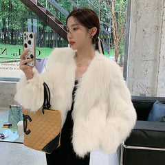 Women's Faux Fur Coat Luxury Collarless Short Elegant Shaggy Artic Fox Faux Fur Coat Bridal Bolero Shrug