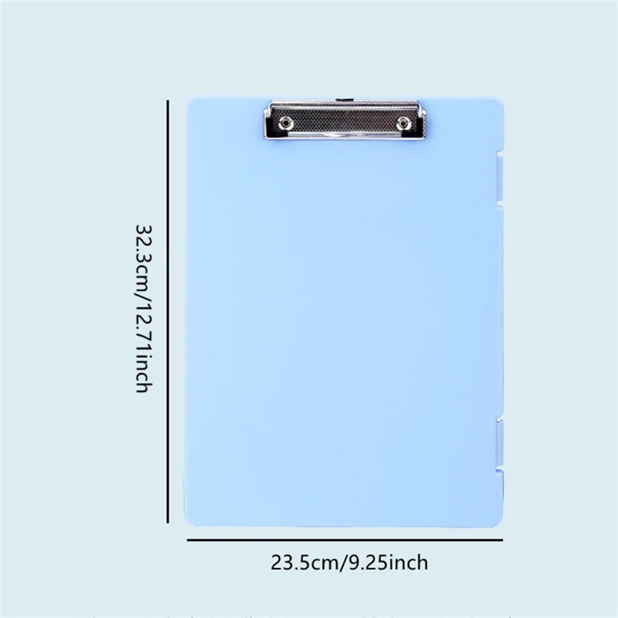 Light blue clipboard with dimensions on a light gray background