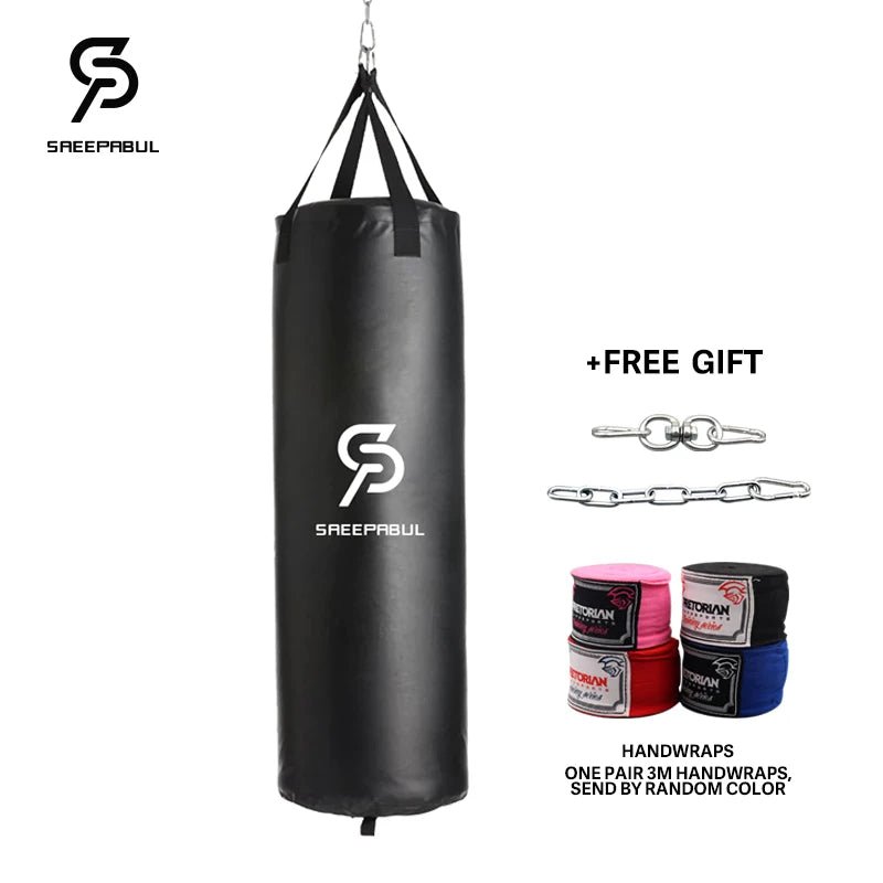 Black punching bag with Saeepbul logo and handwraps on a white background