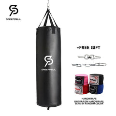 Black punching bag with Saeepbul logo and handwraps on a white background