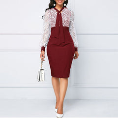 Women's Scarf Collar Bodycon Evening Party Dress Lace Patchwork Evening Knee Length Dress