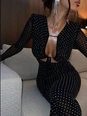 Elegant Sequin Sparkly Sexy Maxi Dress For Women Fashion Hollow Out Sheer Long Sleeve Bodycon Club Party Prom Long Dress