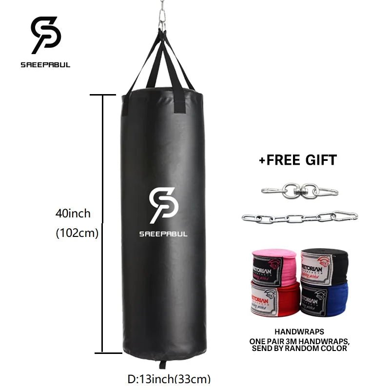 Black punching bag with measurements and free gift items on a white background