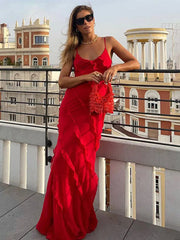 Women's Elegant Deep V-Neck Maxi Dress Sexy Ruffles Backless Party Clubwear Dresses  Side Split Long Dress