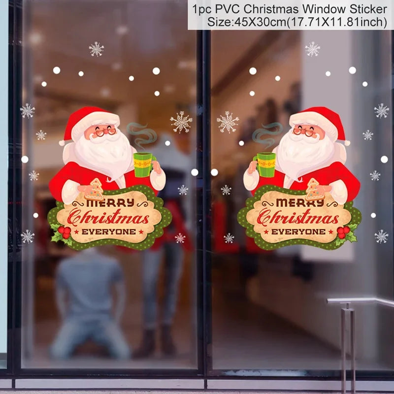 PVC Christmas window sticker with Santa Claus and 'Merry Christmas Everyone' text on a glass door.