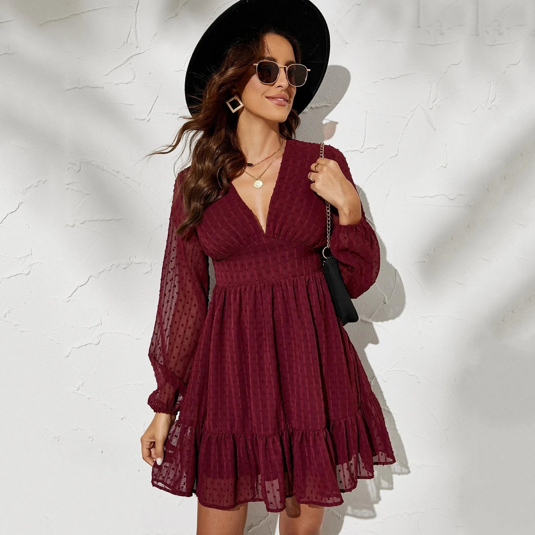 Women's Elegant Long Sleeve Mini Dress V-Neck High Waist  Chiffon Casual Fashion Ruffles Dresses