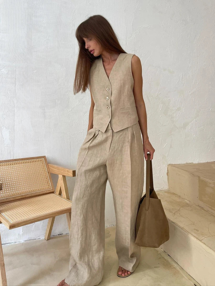 Women's Linen Cotton Chic Vest ＆ Pant Suit Two-Piece Set Office Casual Spring Summer Chic 2-Piece Set