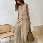 Women's Linen Cotton Chic Vest ＆ Pant Suit Two-Piece Set Office Casual Spring Summer Chic 2-Piece Set