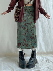 Y2K Floral Print Green Midi Skirt Vintage Green Midi Skirt Grunge Skirt Spring Summer Skirt