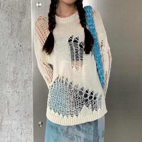 Gothic Hollow Out Knitted Sweater Women Pullover Casual Streetwear Grunge Fashion Top